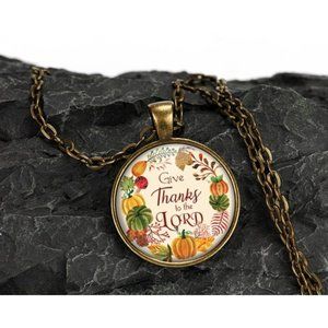 Thankful Faithful Religious Autumn Fall Bronze Glass Pendant Necklace 20 Inch